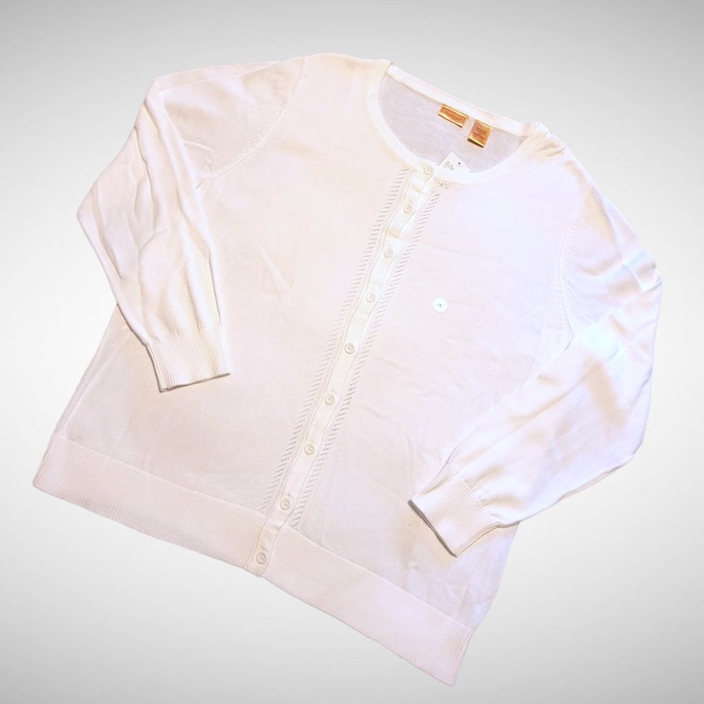 NORTHCREST Cardigan White Fine Gauge Knit Open-Work Trim 1X and 3X New with Tags